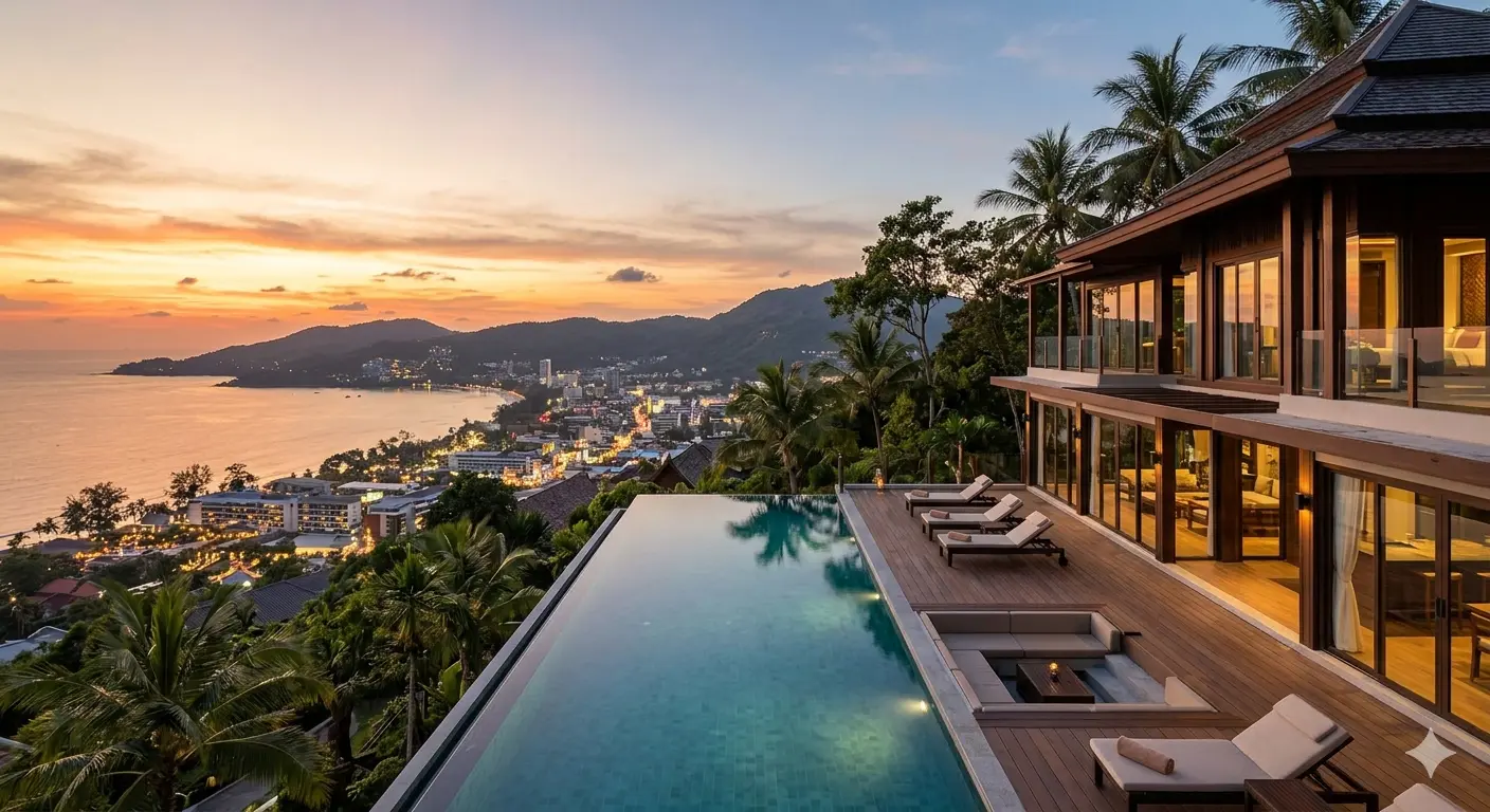 Elevated view of Azure Heights Patong infinity pool and sun terraces overlooking the Andaman Sea.
