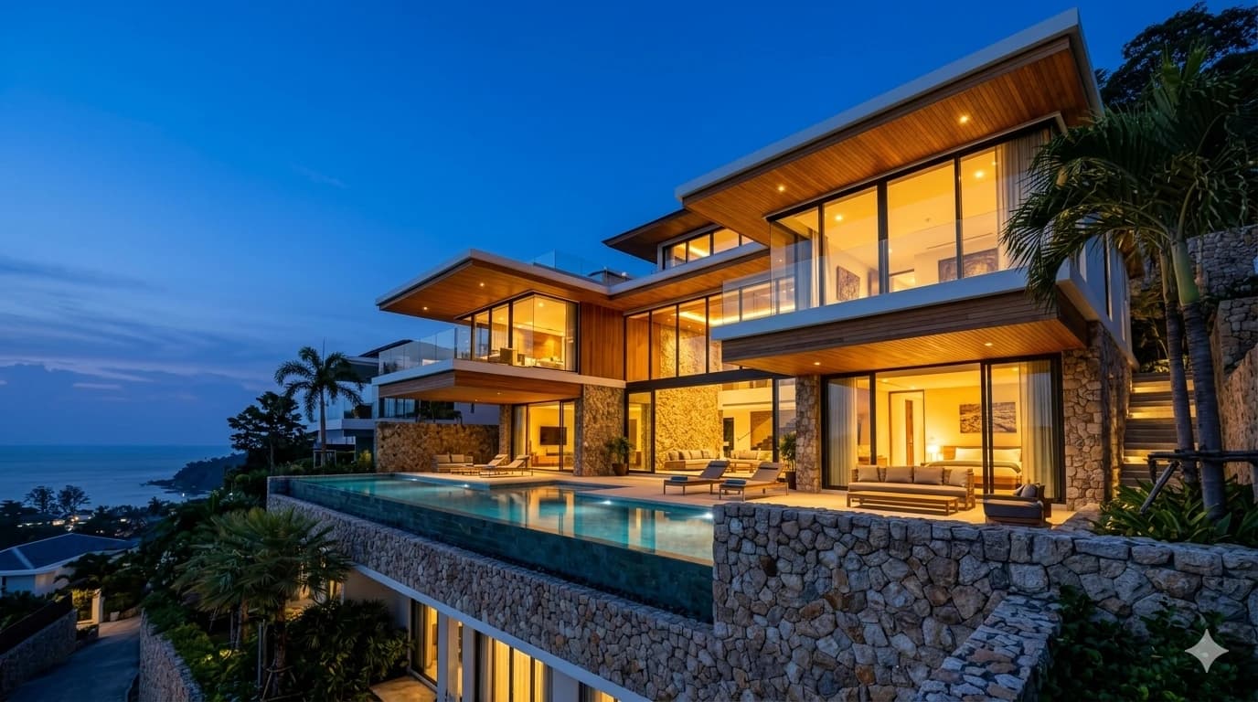 Forensic architectural view of Surin Heights Estate featuring a cantilevered infinity pool and unblockable sea views.