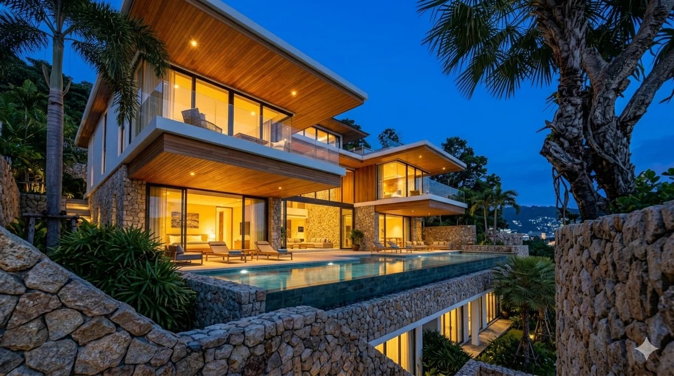 Forensic architectural view of Azure Residences Patong featuring cantilevered infinity pool and elevated sea views.