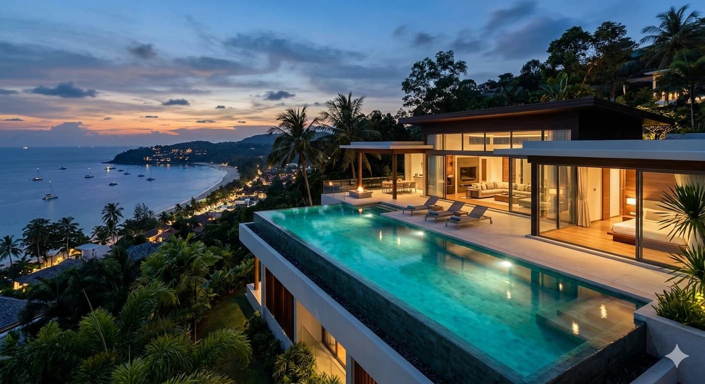 Forensic architectural view of The Laytin Villas showing 5-bedroom vertical layout and sea view infinity pool.
