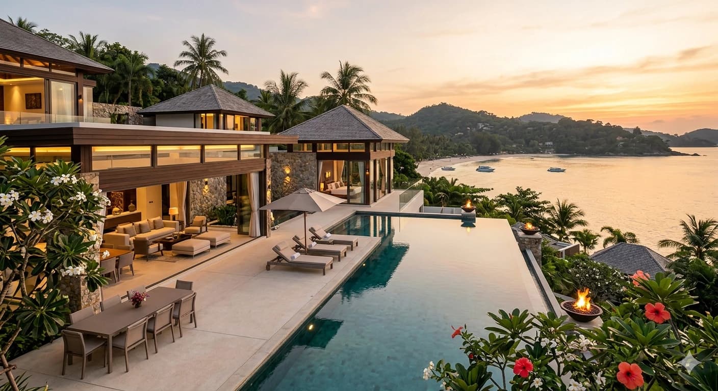 Forensic architectural view of an inland Kamala pool villa showing walled privacy and private pool deck.