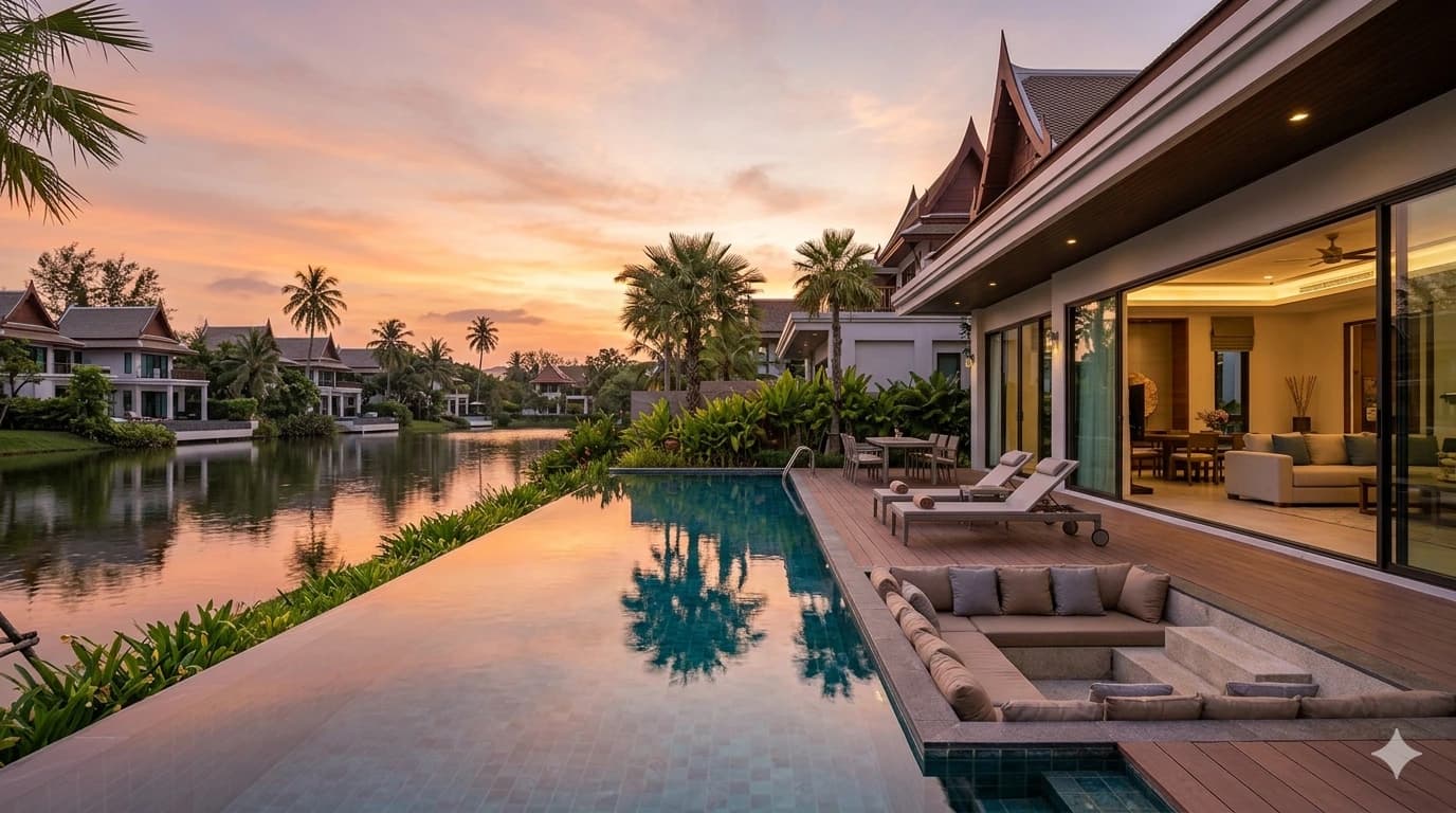 Forensic architectural view of Laguna Links Residences featuring private pool deck and golf course fairway frontage.
